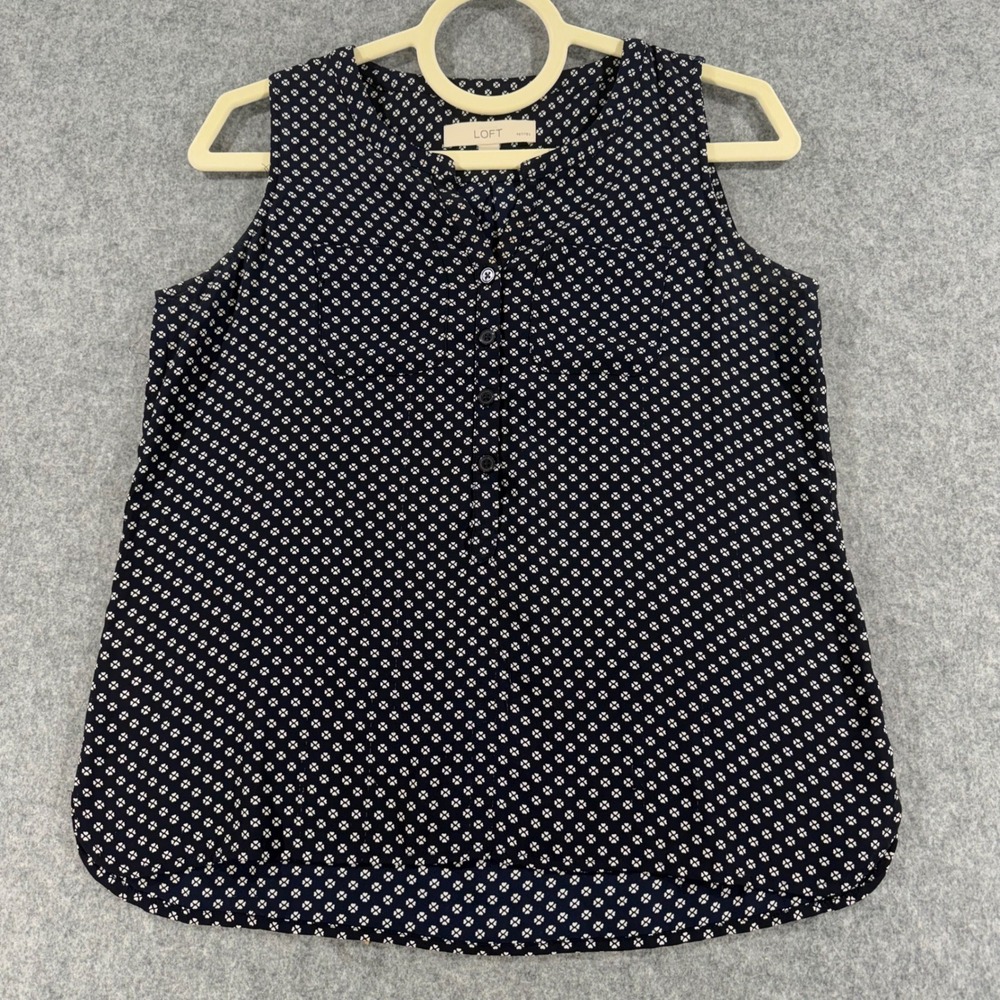 Loft Petites Navy White Geometric Sleeveless Blouse SP Button Front Top
